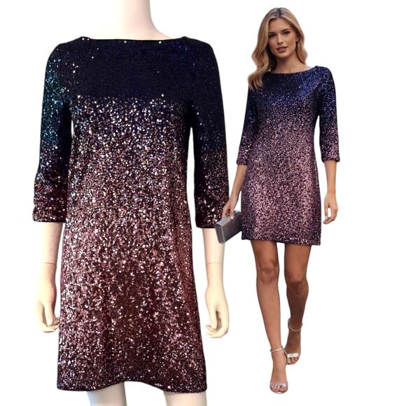 Maia Dresses & Skirts - Maia Sequin Ombre Mini Dress 4 Navy Pink 3/4 Sleeve Cocktail Holiday Party